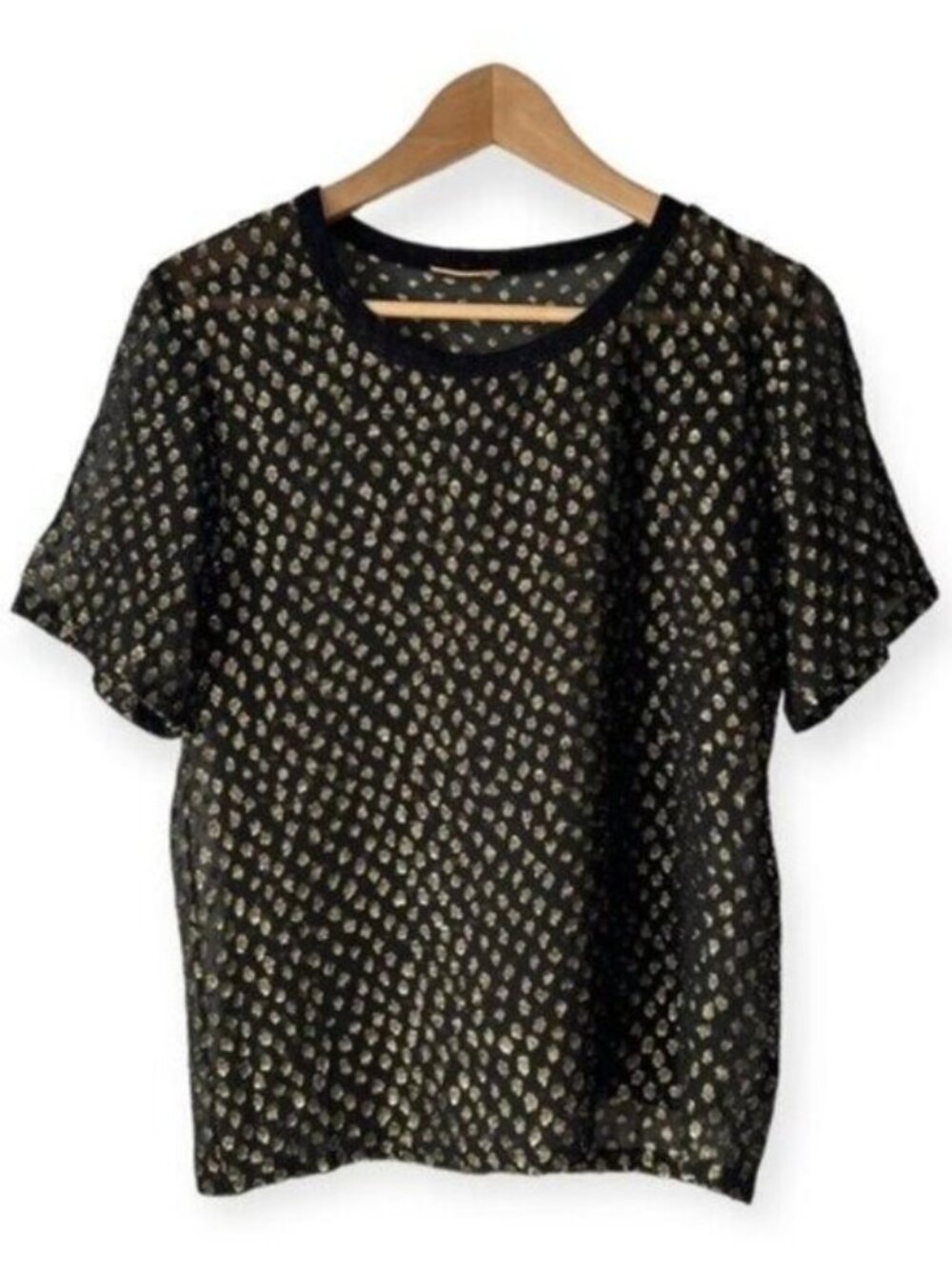 NWT Saint Laurent Black Gold Metallic Polka Dot Sheer Tee